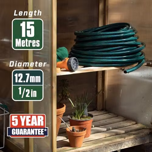 Faithfull Green Reinforced PVC Garden Hose Kit with 3 Fittings and Multipattern Spray Gun, 15m – 3