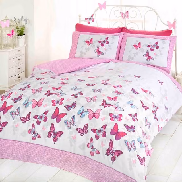 Rapport Home Flutter Butterflies Reversible Polycotton Duvet Set and Pillowcase, Pink, W: 180 cm, L: 200 cm