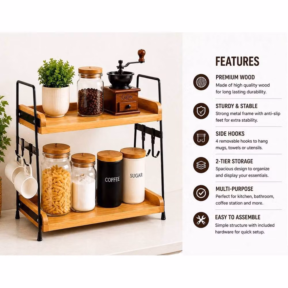 EONLION 2 Tier Brown Wooden Freestanding Spice Rack Holder – 3