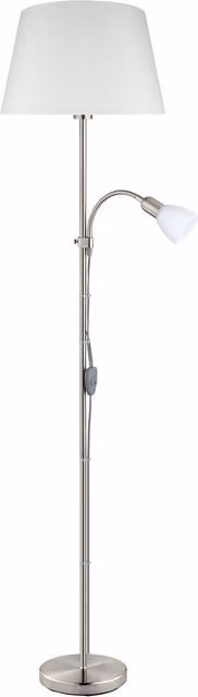 Loops Modern Floor Lamp in Satin Nickel with White Fabric Shade and Glass Details
