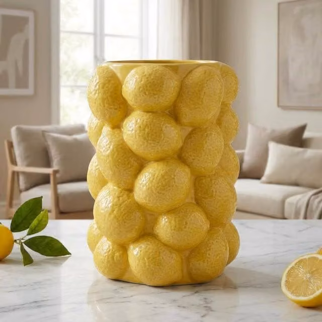 Garden Greatness Zesty Abstract 3D Lemon Ceramic Vase in Yellow and Multicolour, H: 30.0 cm, W: 15.0 cm, D: 15.0 cm
