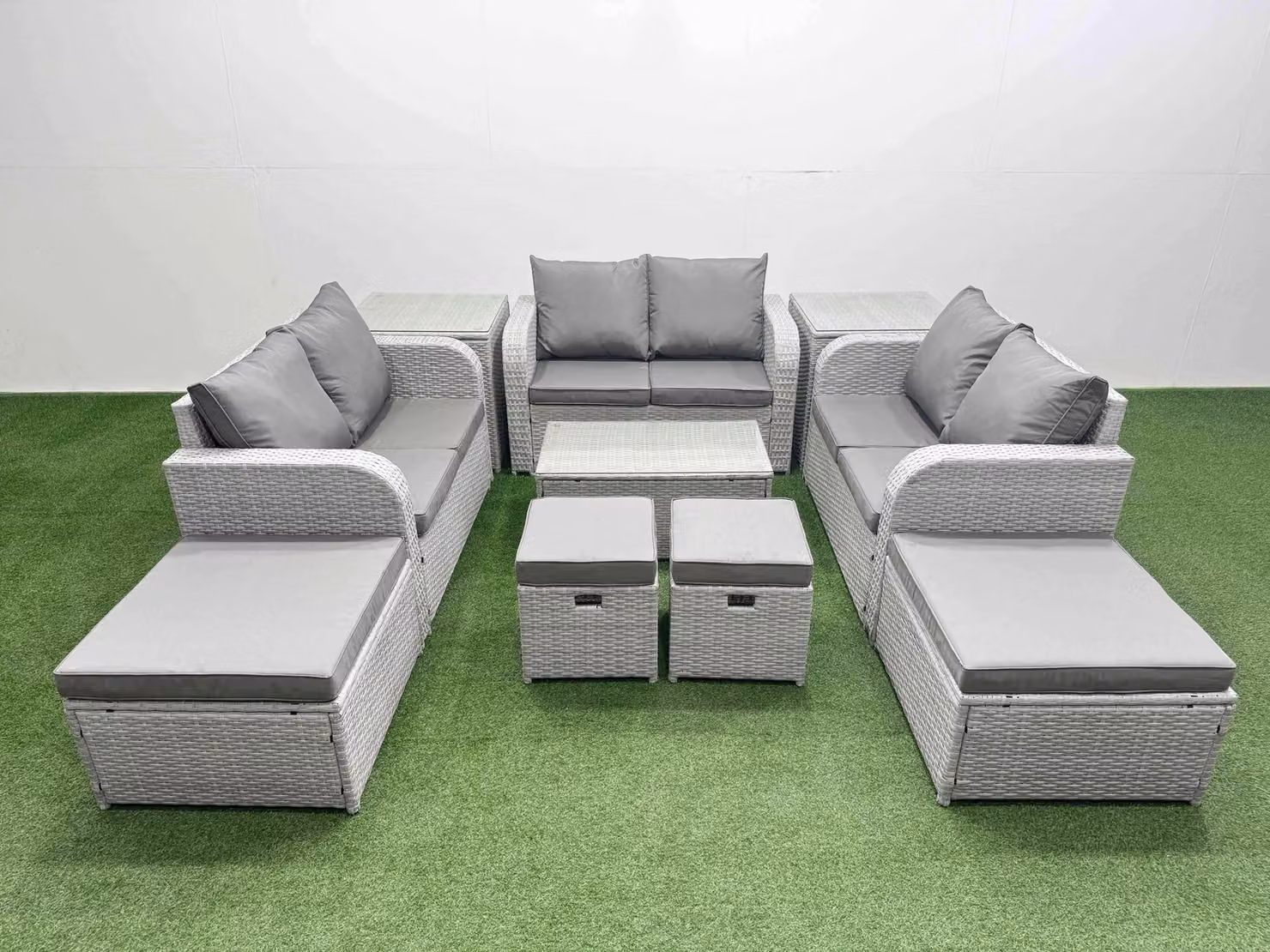 Fimous 10 Piece U-Shape Outdoor Garden Furniture Set in Light Grey with Coffee Table, 3-Seater Sofa, 2-Seater Sofa, Ottoman and Cushions