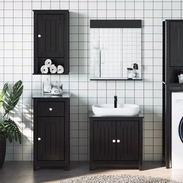 Berkfield Home 4 Piece Black Lacquered Solid Pine Bathroom Furniture Set with Wall Cabinet and Vanity Unit