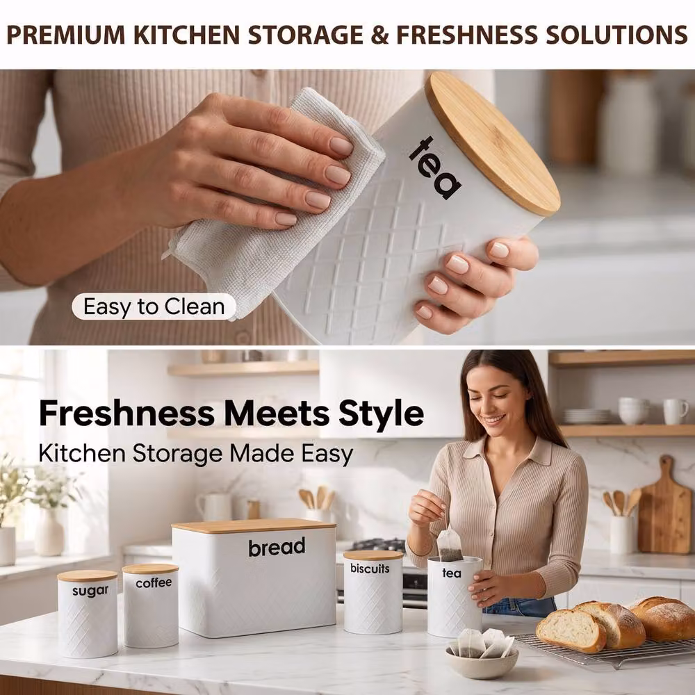 Crystals White 5 Piece Kitchen Storage Set with Bread Bin and Airtight Leakproof Canisters – 5