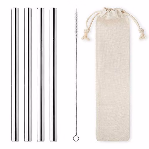 UltraByEasyPeasyStore 12 Pack of Silver Stainless Steel Straight Metal Straws with Travel Pouch and Cleaning Brush, 12mm Wide – 1
