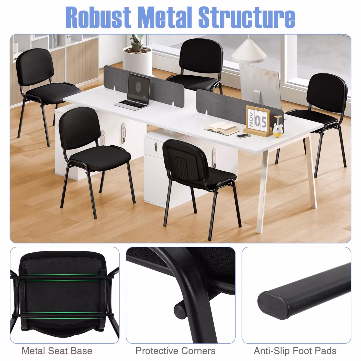 Costway Set of 5 Stackable Black Fabric and Metal Waiting Room Chairs for Home or Office – 3