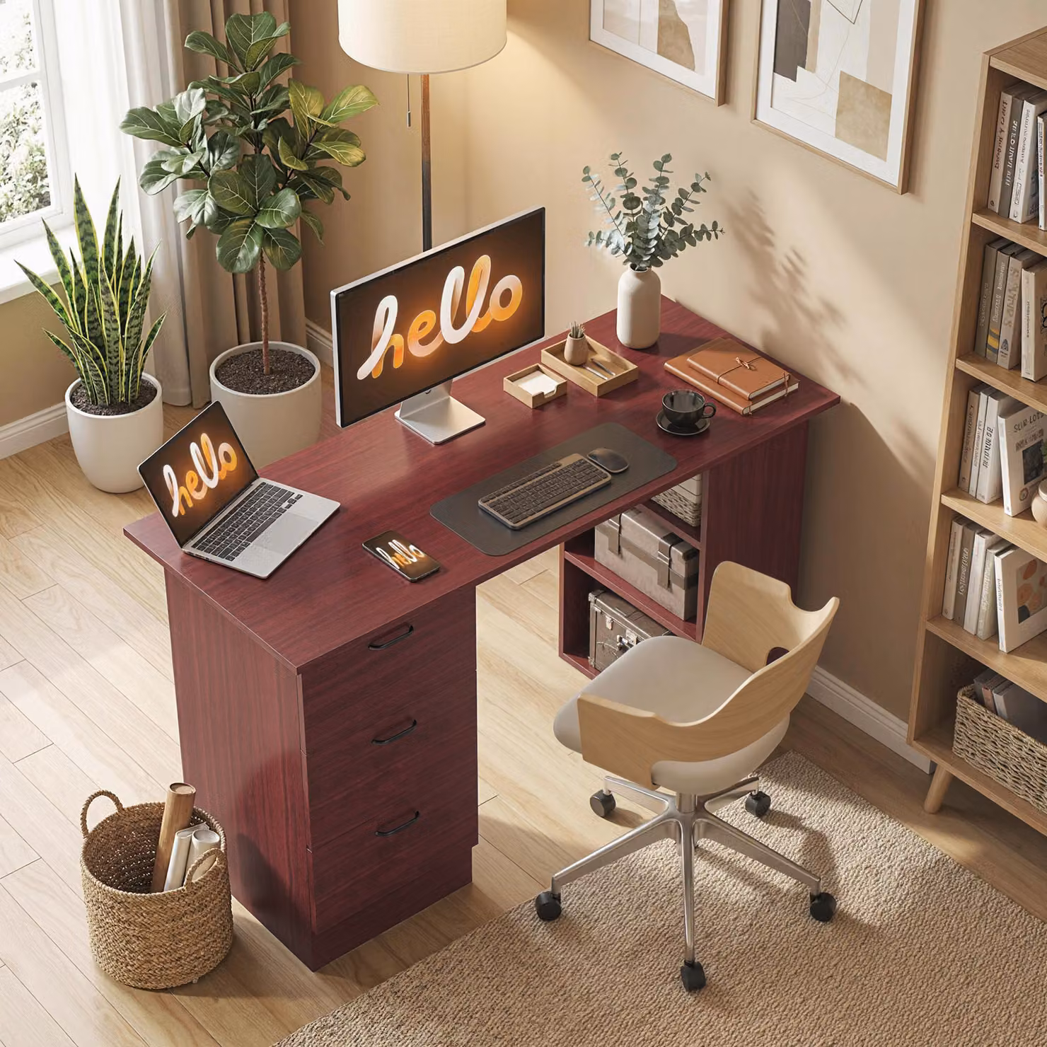 HOMCOM Computer Desk and Writing Table with 3 Storage Shelves and Drawers in Brown – 7