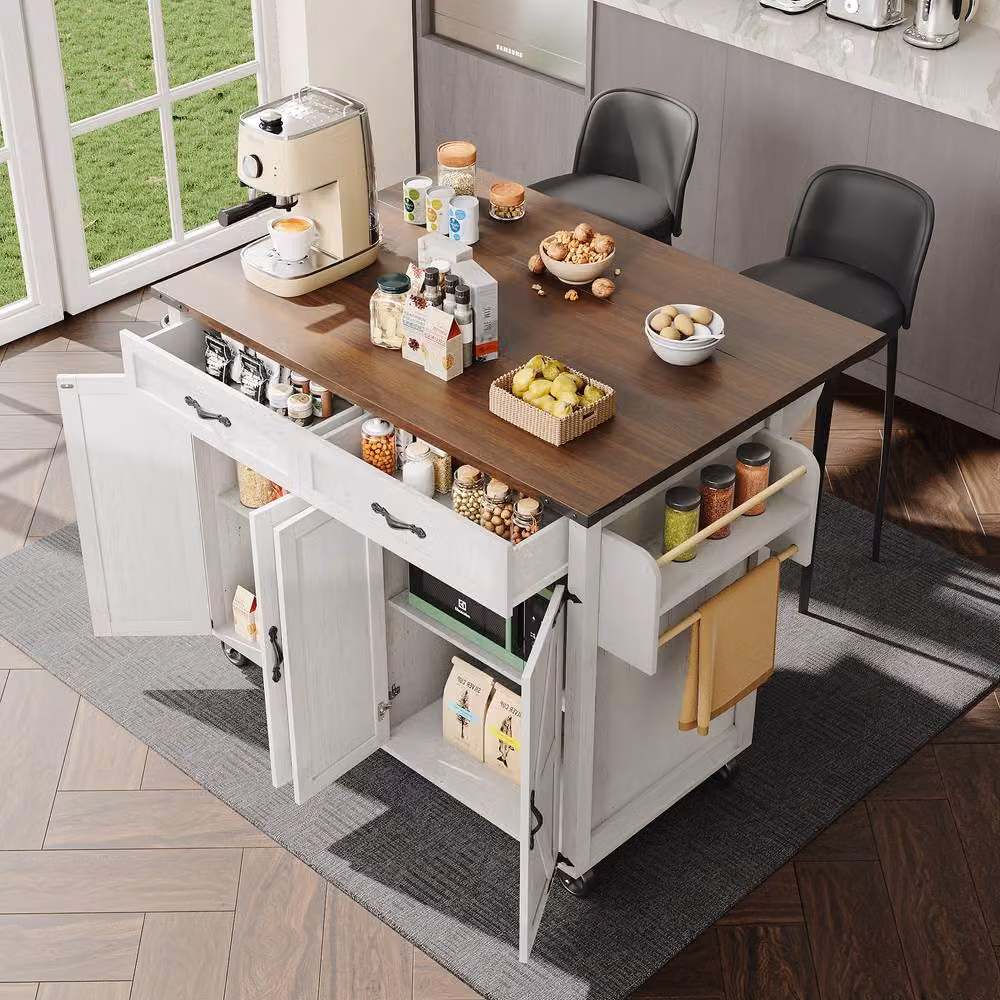 ModernLuxe Mobile Kitchen Island with 4 Doors and 2 Drawers, White and Natural, W/D/H: 93 x 45 x 72 cm – 3