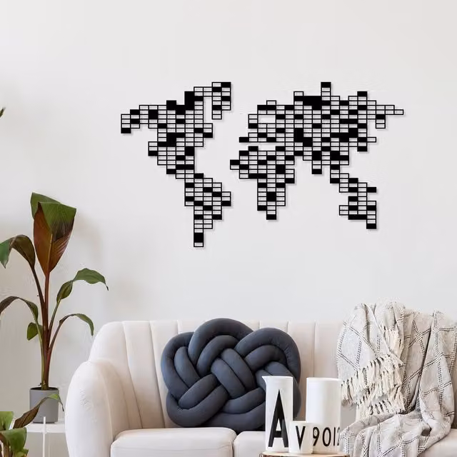 Decortie Pixel World Map Metal Wall Art, Black, Rectangular