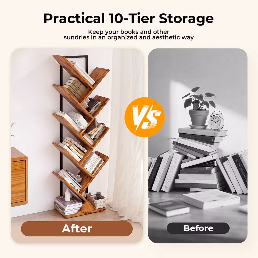 Levede 9-Tier Tree Bookshelf, Rustic Brown and Black Floor Standing Bookcase for Living Room, Bedroom or Home Office, H 116 x W 34 x D 20 cm – 4
