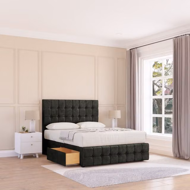 Sloomy Berlin Chesterfield Divan Bed Base with 2 Drawers and Floor Standing Headboard, Grey Velvet, W/D/H: 120 x 200 x 90 cm
