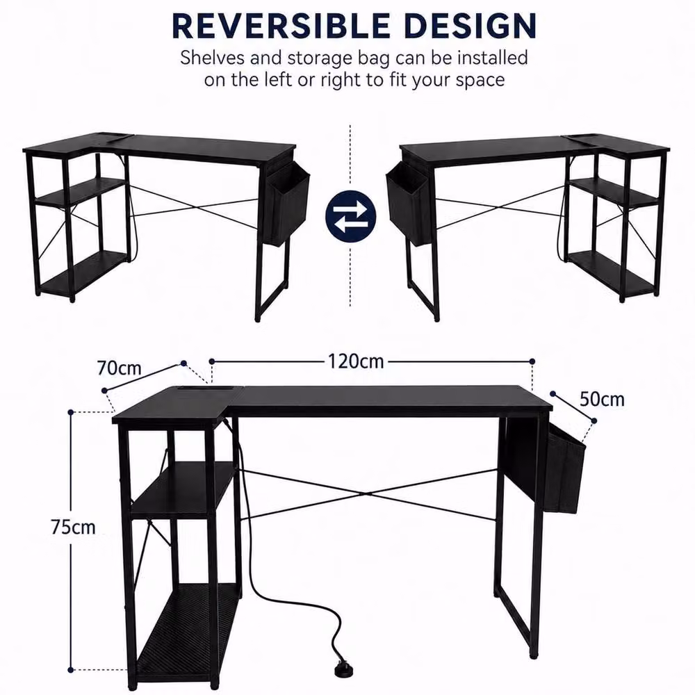 House of Home Reversible L-Shaped Carbon Fibre Gaming Desk with Built-In Sockets, Black – 2