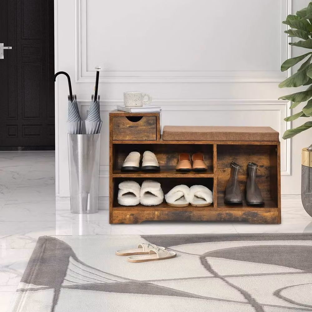 VOGREX Brown Industrial Entryway Shoe Storage Bench with Removable Fabric Cushion – 3