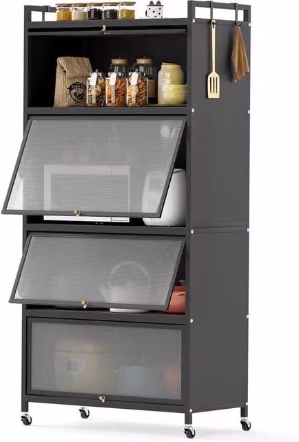 Gymax 5-Tier Rolling Kitchen Storage Cabinet and Microwave Stand with Hinged Doors in Black – 1