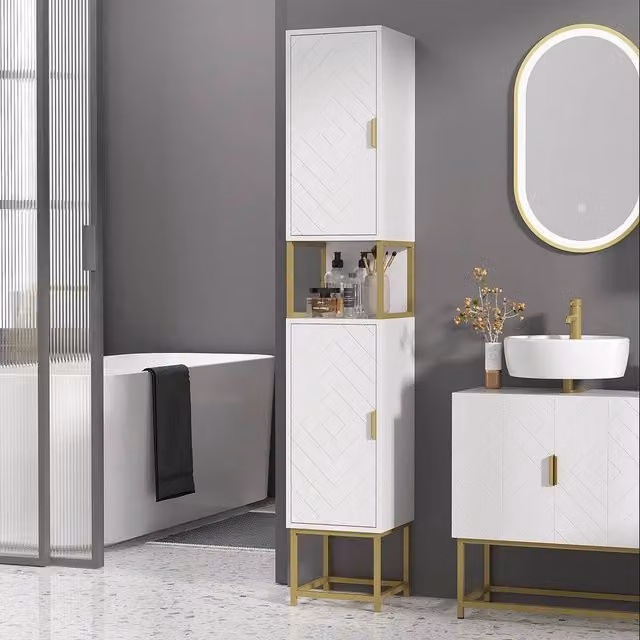 EONLION Modern Freestanding Narrow Bathroom Storage Cabinet in White and Gold