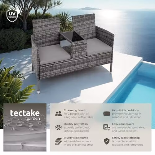 tectake Poly Rattan Outdoor Bench with Integrated Table and Cushions, Grey, W/D/H: 133 x 63 x 84 cm – 2