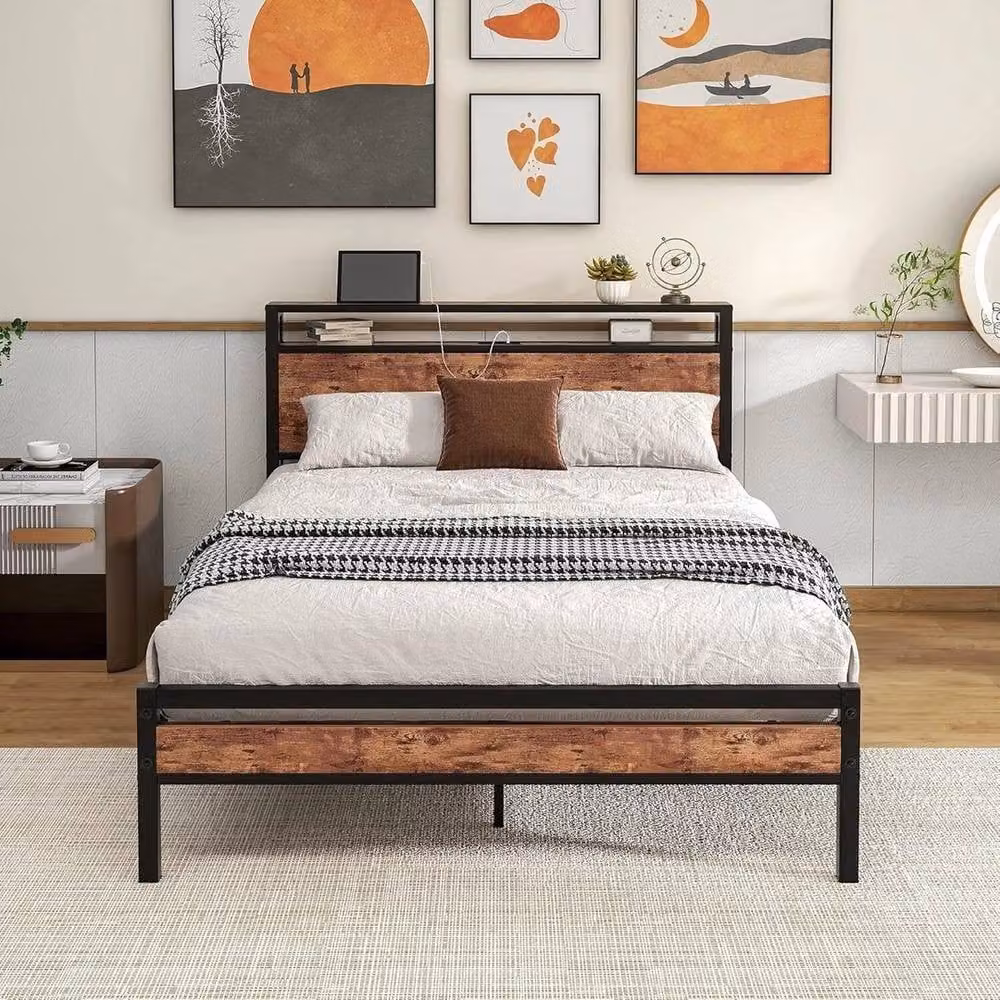 Kelvenix Industrial Metal and MDF Platform Bed Frame in Brown and Black with USB Charging Port and Bedside Shelves