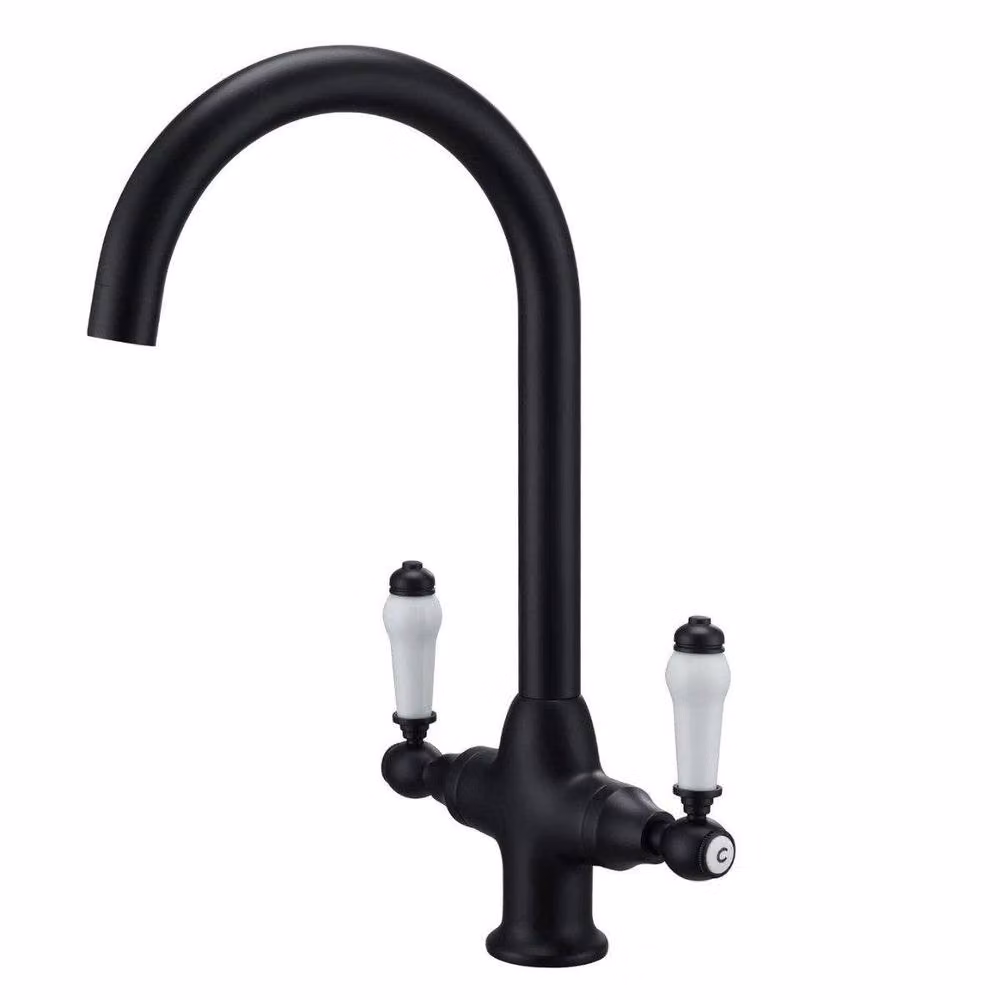 Nes Home Traditional Twin Lever Kitchen Mixer Tap with Swivel Spout in Matte Black – 2