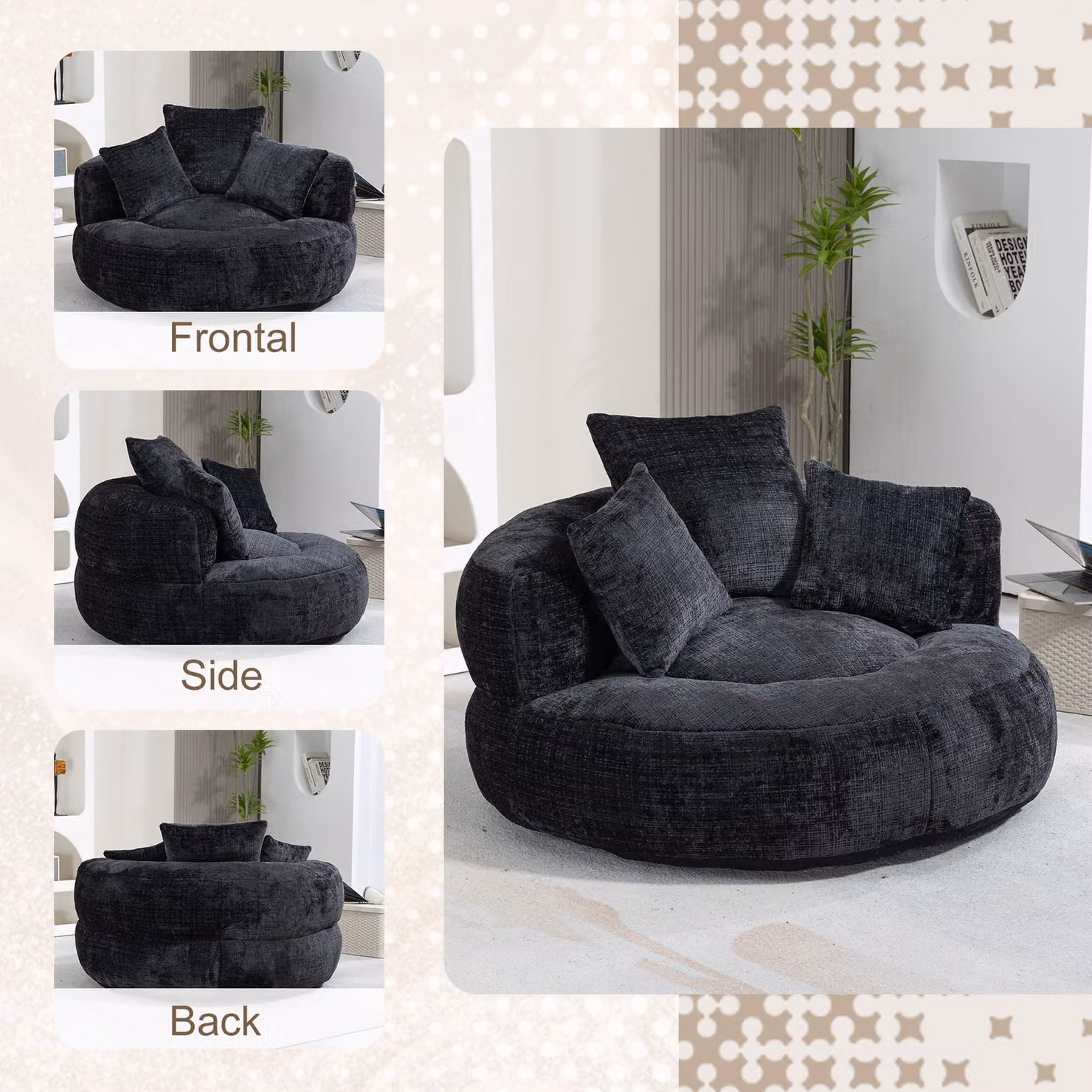 Aosom UK Luxurious Black Chenille Bean Bag Chair with 3 Pillows and Memory Foam Filling, W/D/H: 108 x 108 x 52 cm – 4