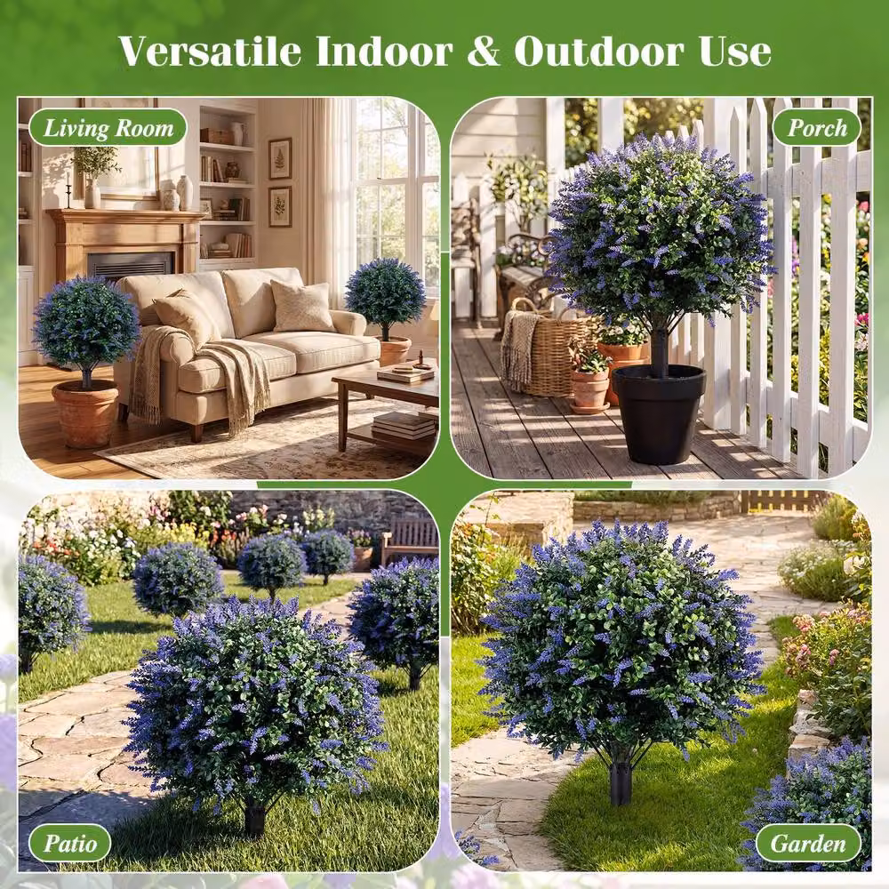 Costway Set of 2 Artificial Lavender and Boxwood Topiary Ball Trees in Green, Purple and Multicolour – 5