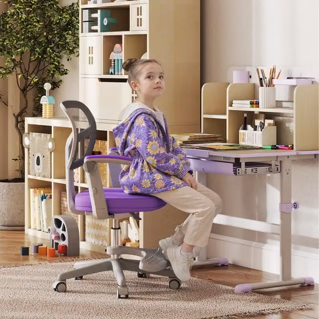 COSTWAY Purple Height Adjustable Swivel Task Chair for Children with Armrests and Castors