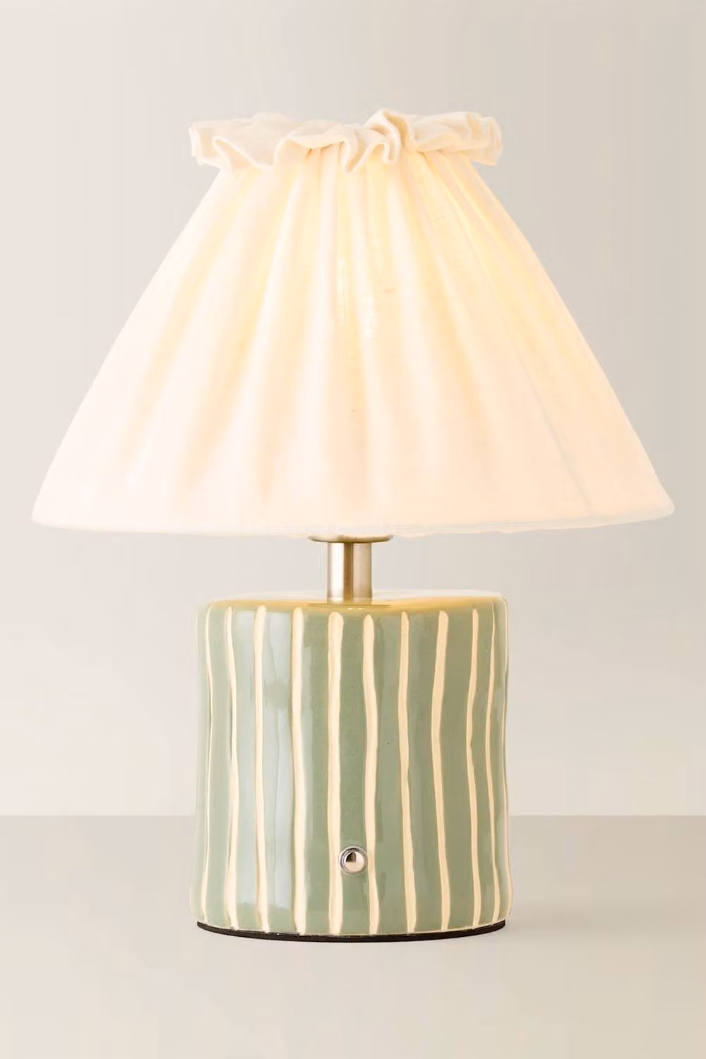 ValueLights Elma Rechargeable Ceramic Table Lamp with Pleated Linen Stripe Shade in Light Green and Beige – 2