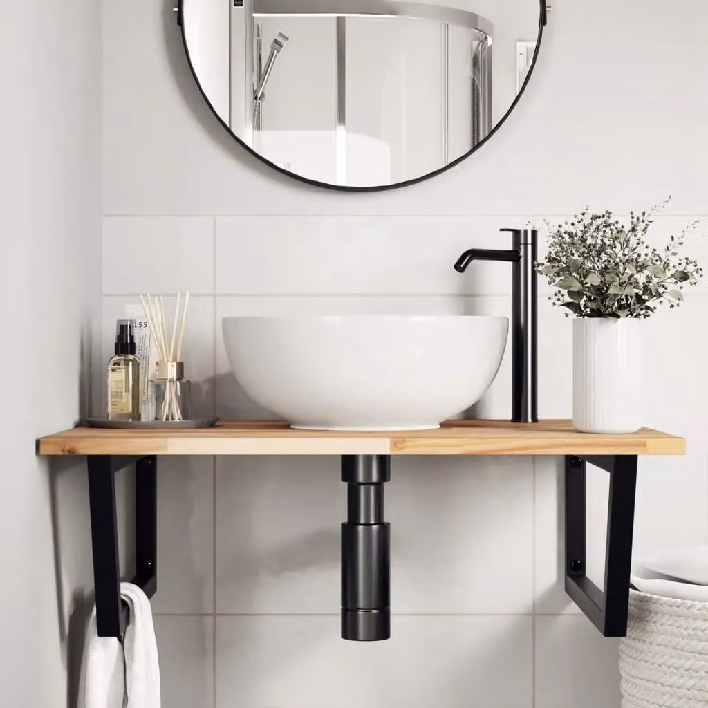 Berkfield Home Wall Mounted Basin Shelf in Brown Acacia Wood and Steel – 2