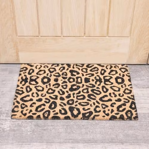 Melody Maison Black and Natural Leopard Print Coir Door Mat, W/D/H: 100 x 60 x 40 cm