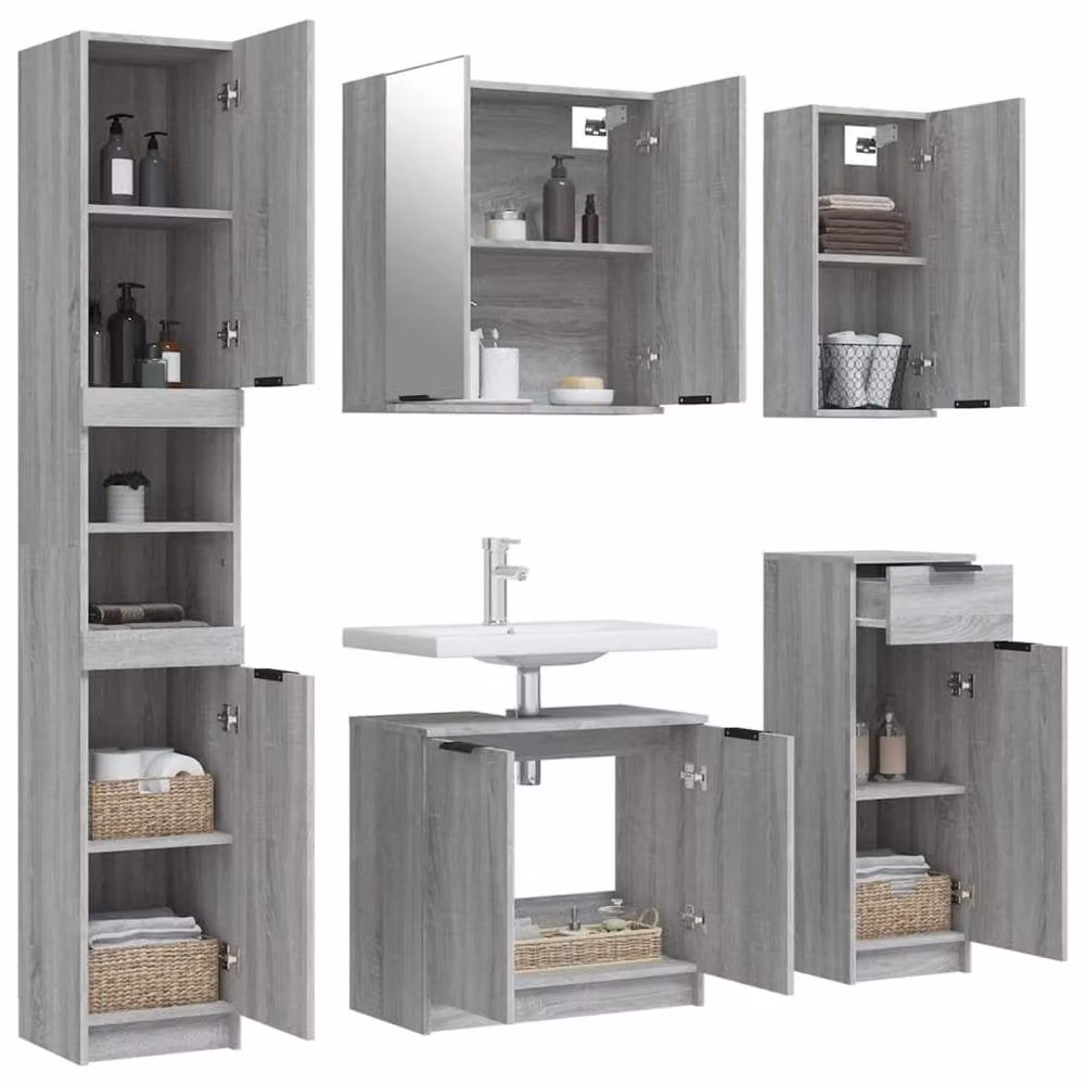 Berkfield Home 5 Piece Modern Grey Bathroom Cabinet Set with LED Lighting and Glass Doors – 2