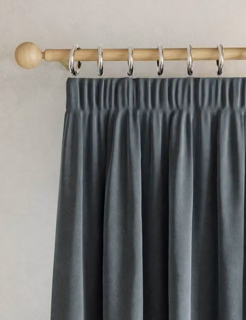 M&S Slate Blue Velvet Thermal Insulating Pencil Pleat Curtains H: 137 cm, W: 168 cm