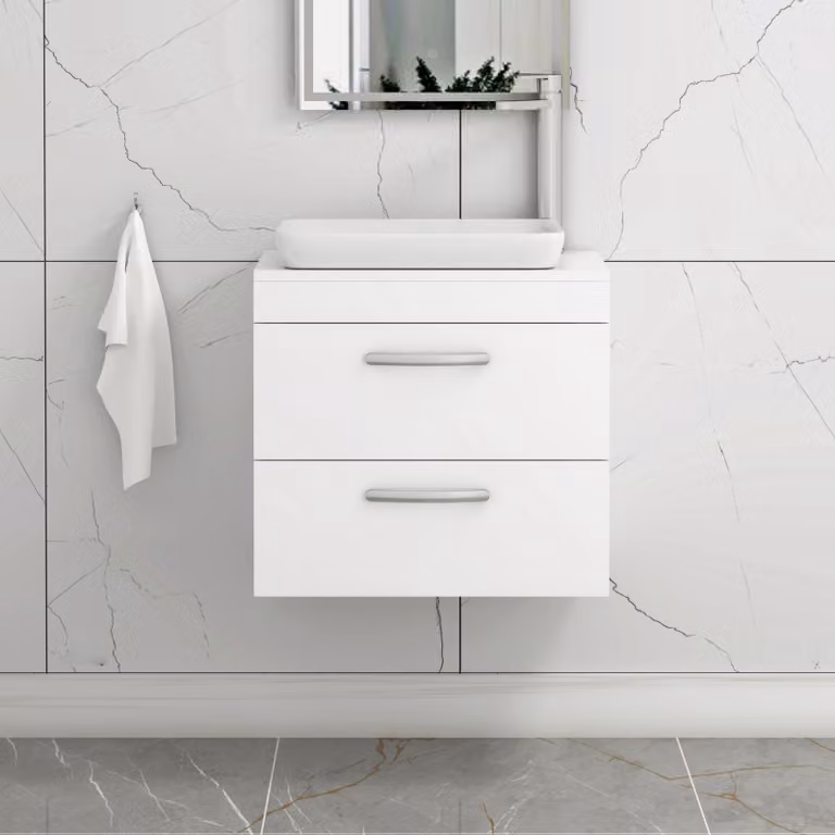 Royal Bathrooms Turin 600mm Wall Hung Vanity Unit with 2 Drawers and Countertop Basin in Gloss White