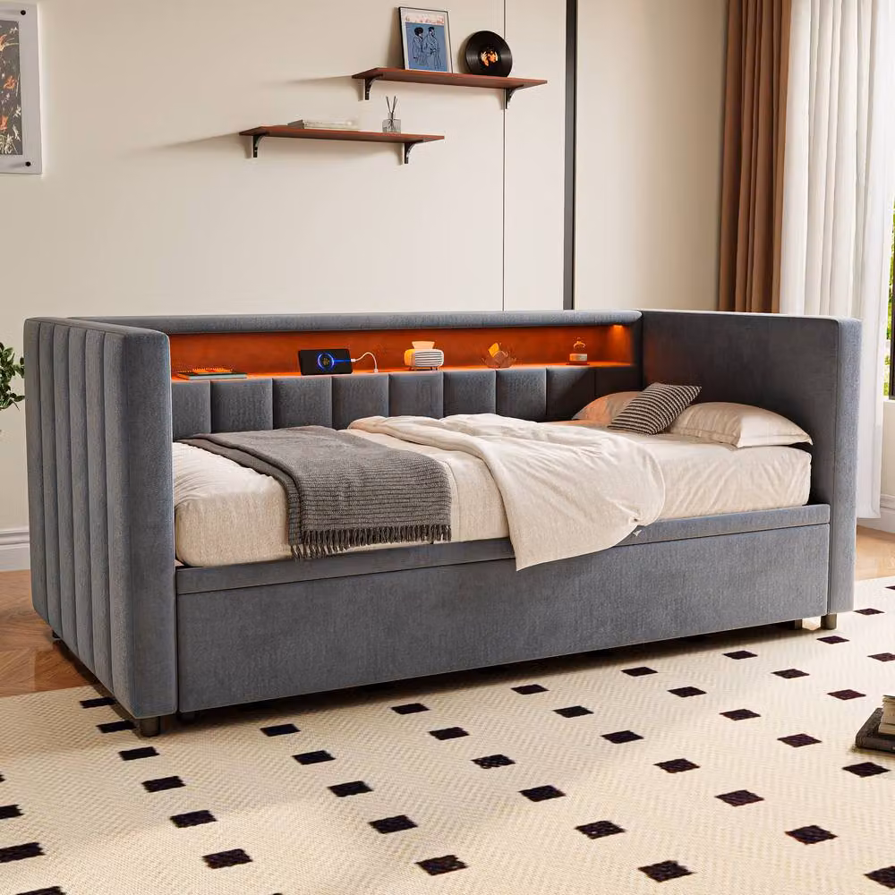 STILVORA 3ft Single Upholstered Bed Frame with USB in Grey – 2