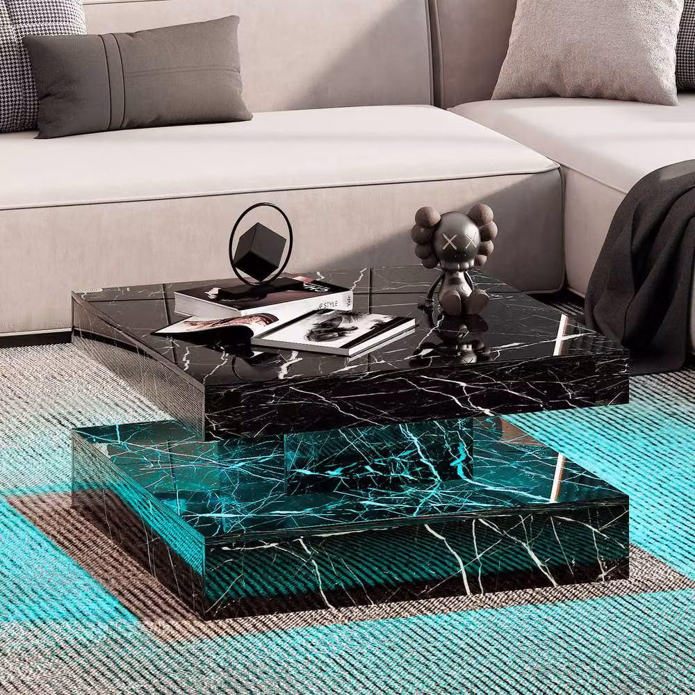 KEEPREAPER Modern Square Coffee Table with Storage and LED Light in Black Marble Finish – 2