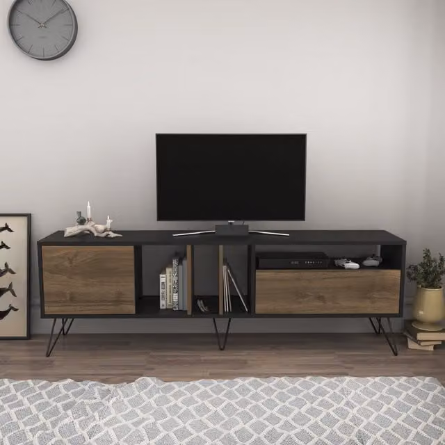 Decorotika Mistico Modern TV Unit in Black and Walnut, W: 180.0 cm, D: 35.6 cm, H: 58.4 cm