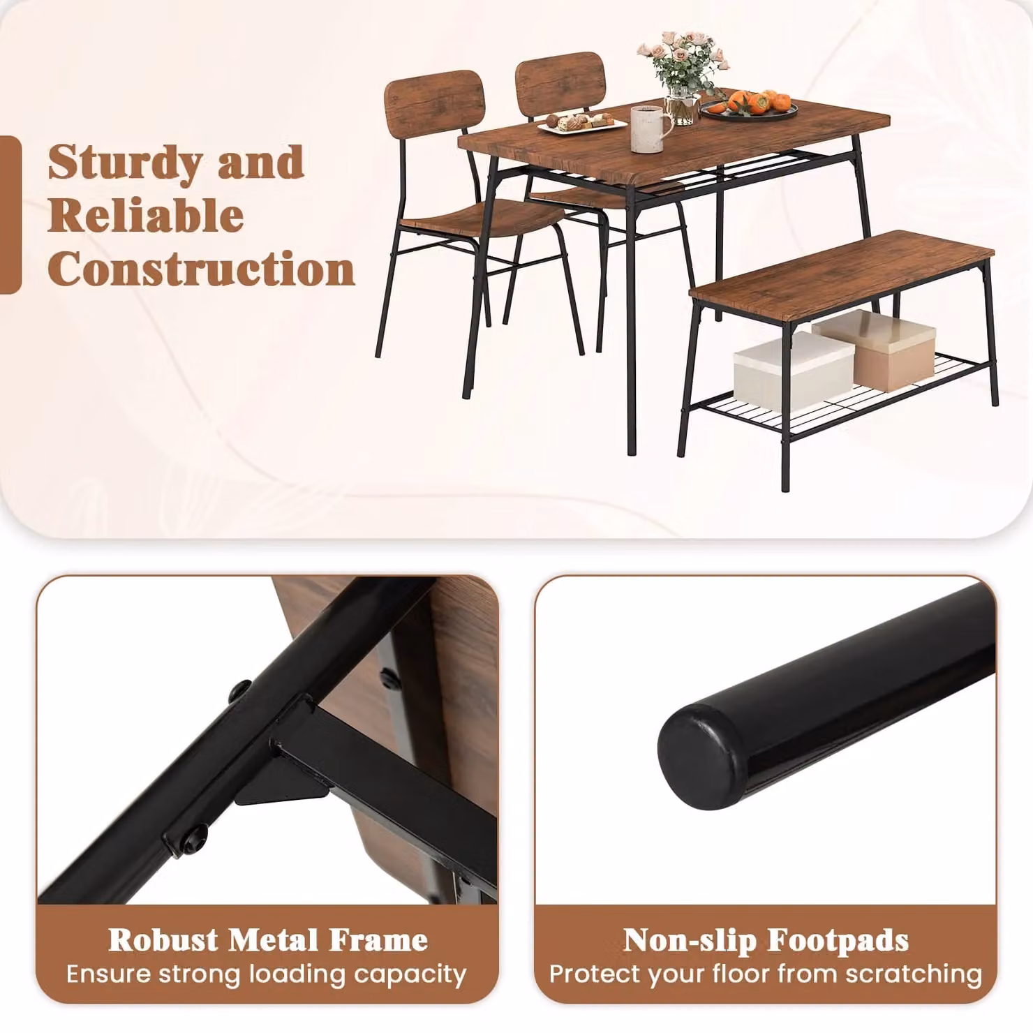 Gymax 4-Piece Dining Table Set with Bench, 2 Chairs and Storage Rack in Brown – 3