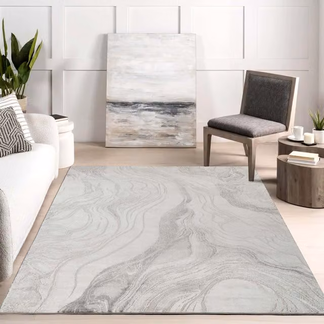 Novu Modern Abstract Action Living Room Area Rug in Grey and Beige, W: 290 cm x D: 200 cm