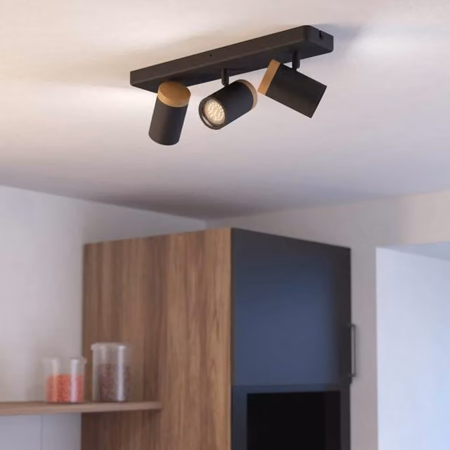 Eglo Consuma 3-Light Modern Ceiling Spotlight for Bathroom and Living Room, Black and Brown Metal and Wood