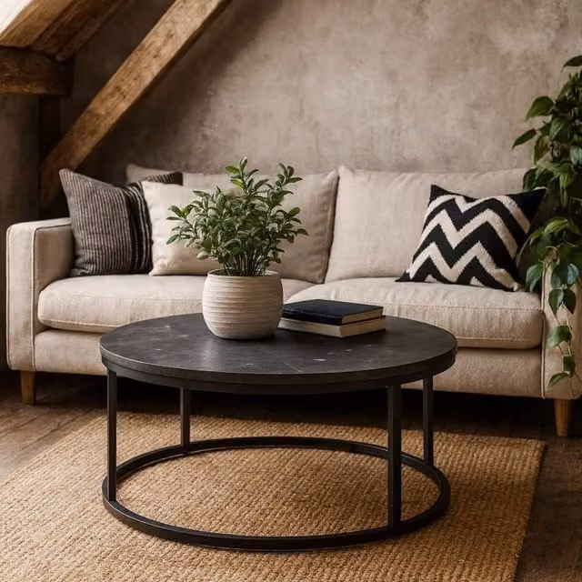 Wyld Haus Odense Round Black Marble Effect Coffee Table with Matte Black Metal Legs, Diameter: 80 cm, Height: 40 cm