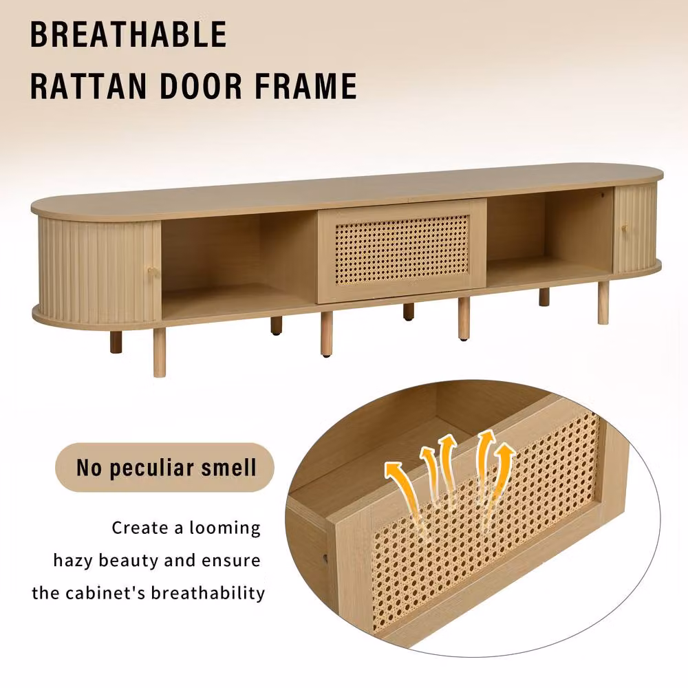 Merax Oval Rattan TV Stand in Light Oak with Sliding Doors and Drawer for TVs up to 70 Inch – 3