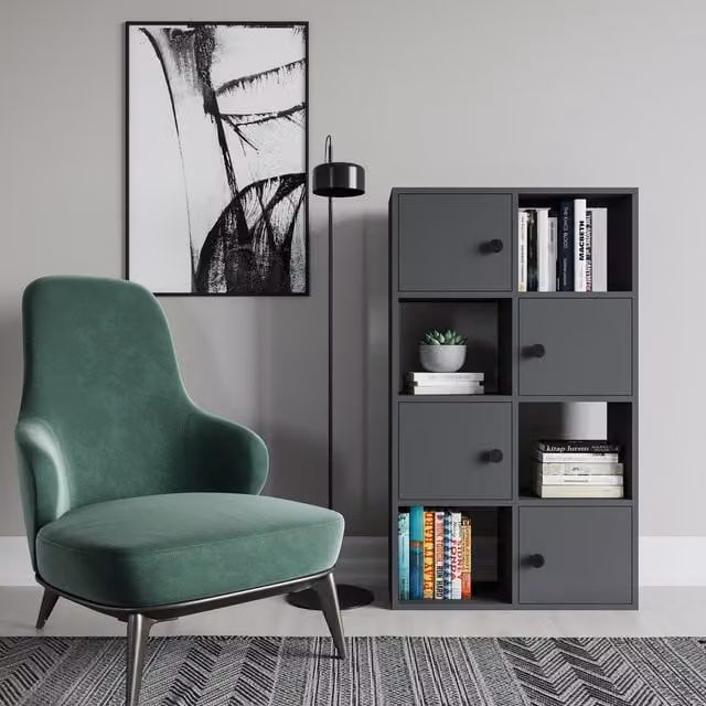 Decorotika Tasso Modern Bookcase with Cabinets in Anthracite Grey