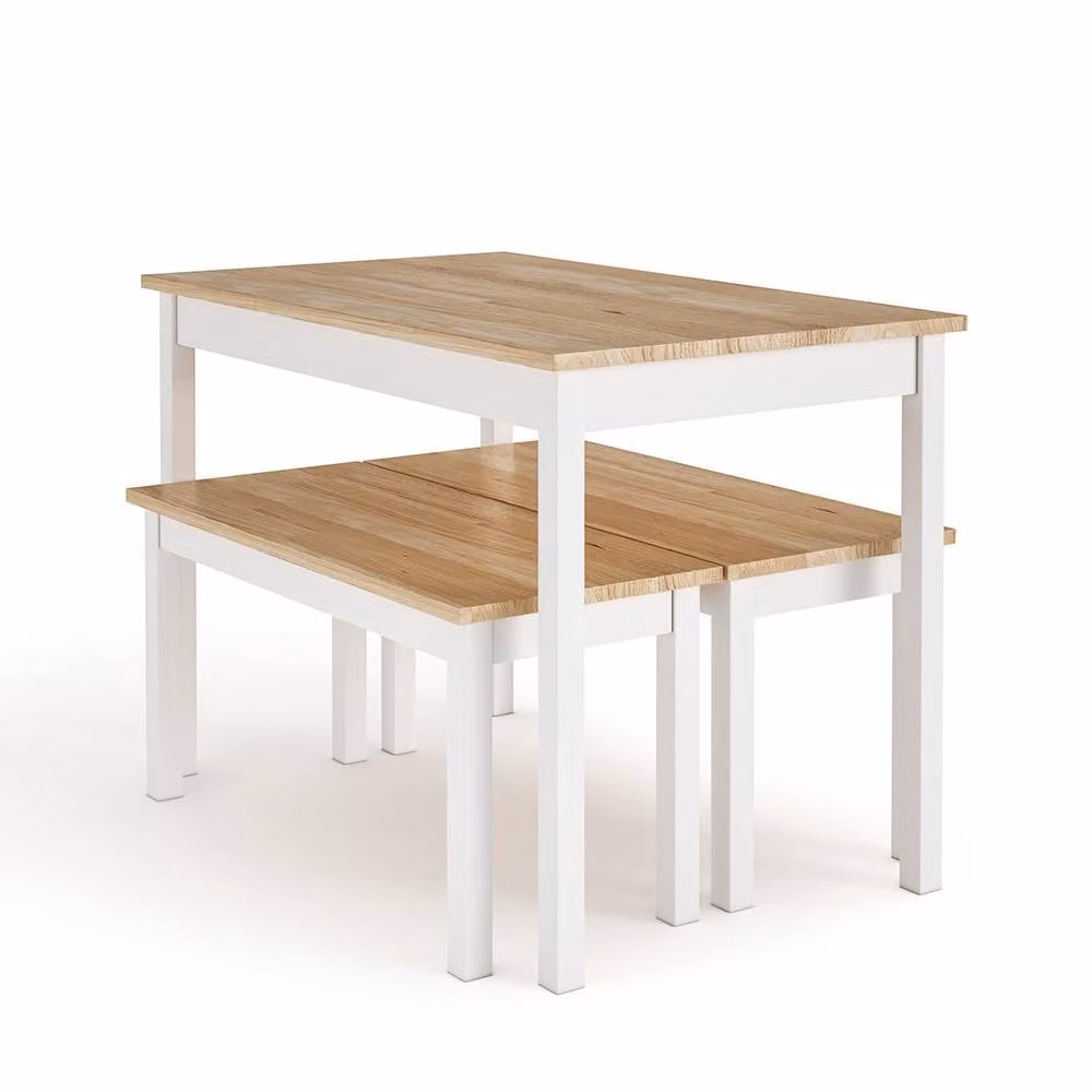 Garden Sanctuary 3 Piece Scandinavian Treated Hardwood Dining Set with Square Table and Benches in Brown and White