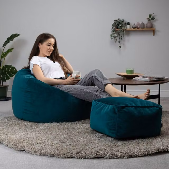 ICON Kingston Classic Velvet Bean Bag and Footstool Set in Petrol or Pink