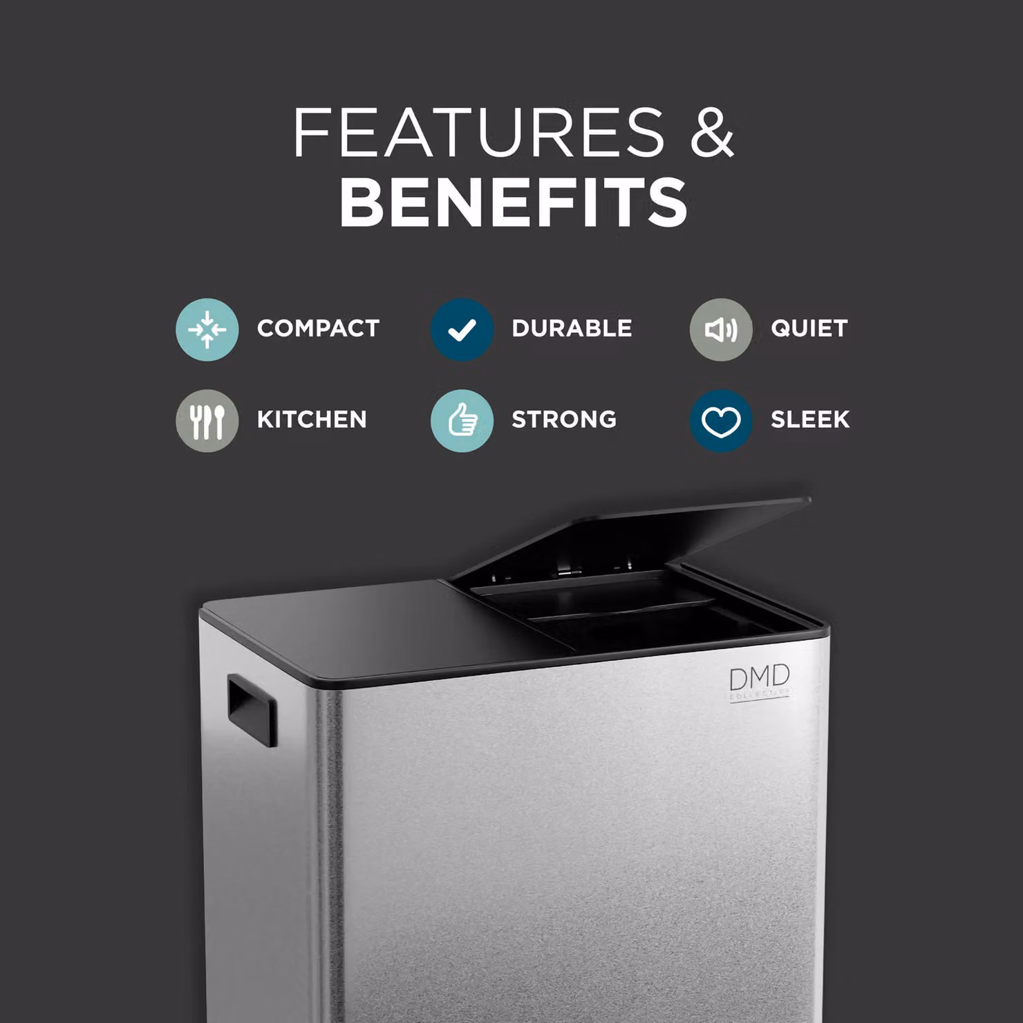 DMD Collective 60L Stainless Steel Double Kitchen Waste and Recycling Bin with Soft Close and Fingerprint Proof Finish in Silver – 6