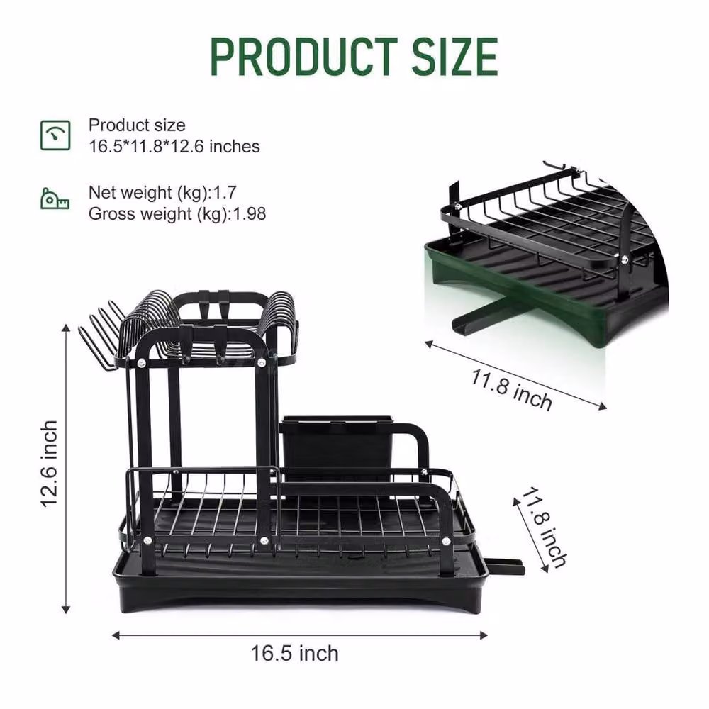 EONLION 2 Tier Black Metal Dish Drainer Rack with Cutlery Holder, Width: 100 cm – 2