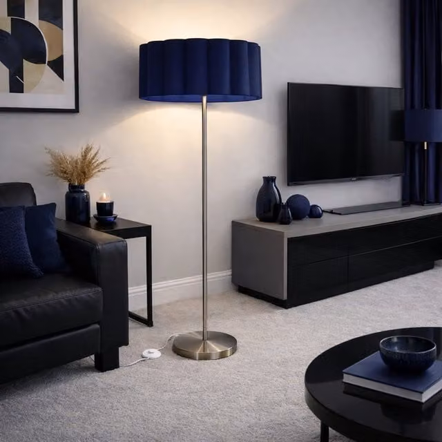 CGC Lena Brushed Nickel Straight Floor Lamp with Large Scalloped Navy Blue Fabric Lampshade
