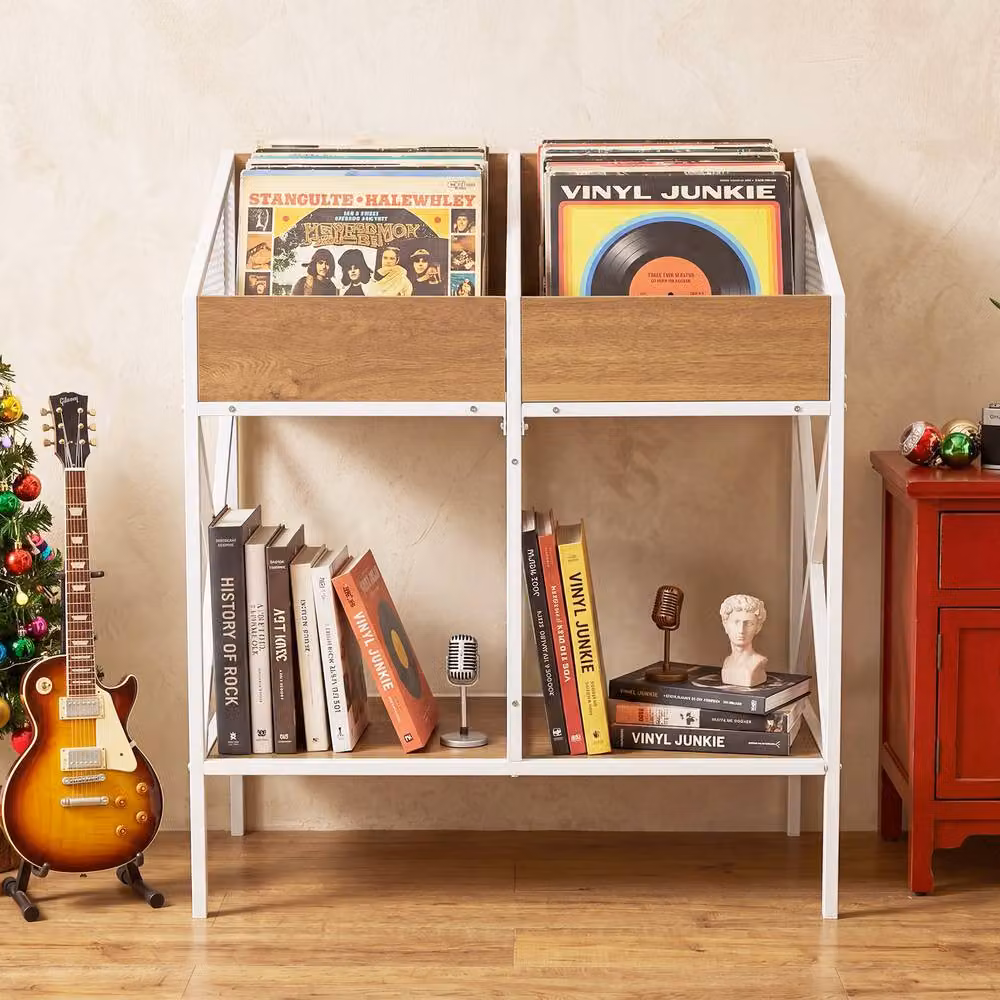 Costway 2-Tier Vinyl Record Storage Rack with 4 Media Compartments and Metal Frame in Natural and White – 4