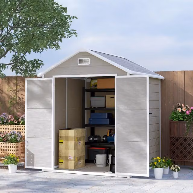 Outsunny Grey Plastic Garden Storage Shed with Floor and Window, W/D/H: 182 x 151 x 219 cm