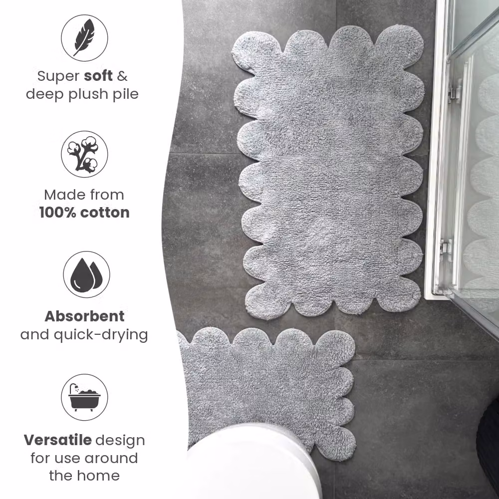 Allure Bath Fashions Two Piece Scallop Bath Mat Set in Grey, 100% Cotton – 3