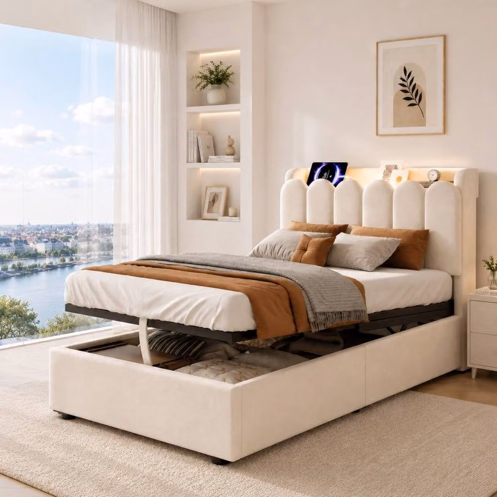 Rolipo Single Ottoman Bed Frame in Beige Velvet with USB Charging Port and Integrated Reading Light, W/D/H: 90 x 190 cm – 1