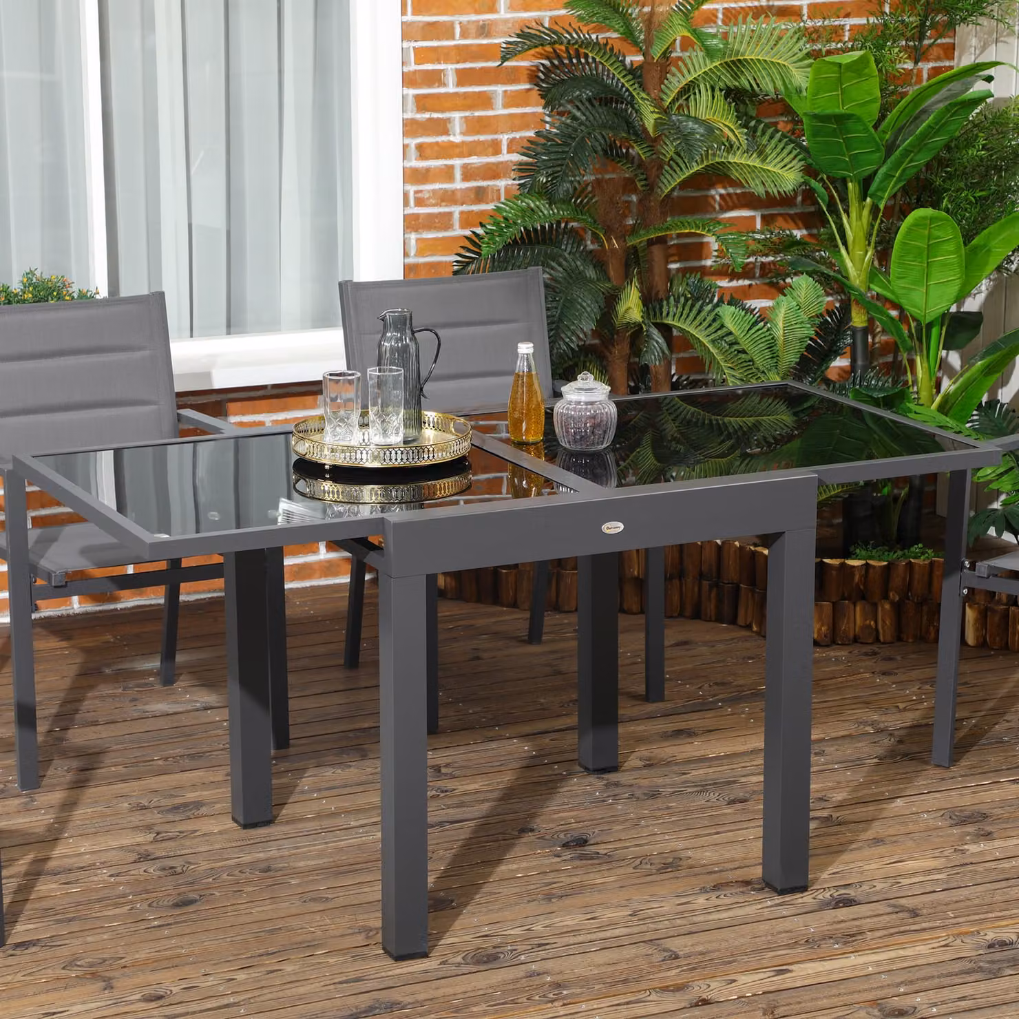 Outsunny Extendable Rectangular Garden Dining Table with Black Powder Coated Aluminium Frame and Glass Top, W: 80 cm, D: 80-160 cm, H: 75 cm – 2